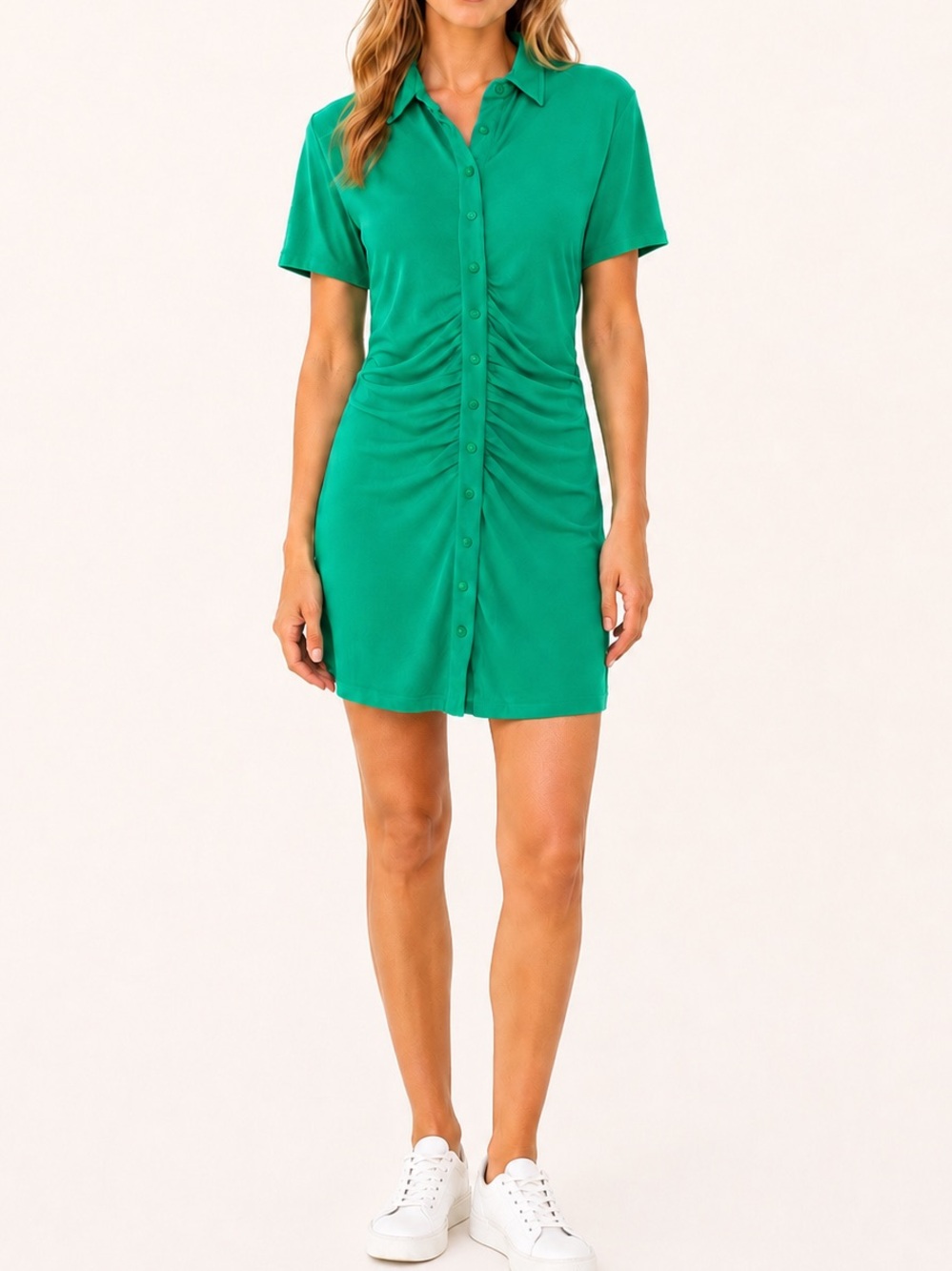 With Jean Green Ruched Button Front Mini Dress Size M